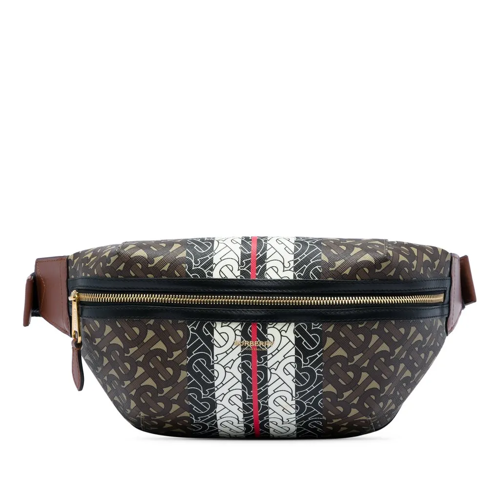 Burberry TB Monogram E Canvas Stripe Sonny Belt Bag Brown Very good - Front View