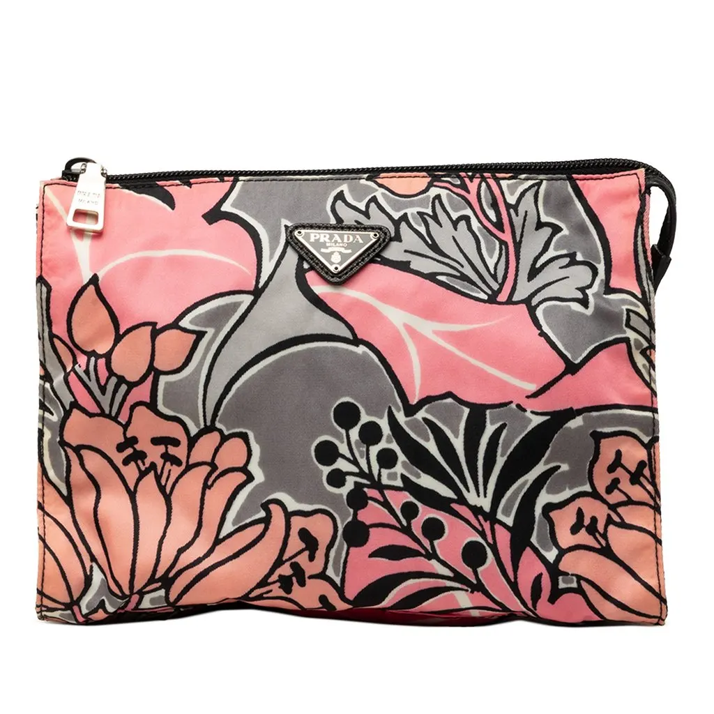 Prada Tessuto Floral Stampato Clutch Pink Polyamide Very good - Front View