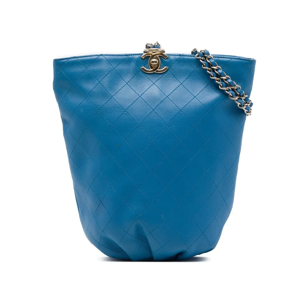 Chanel CC Quilted Calfskin Bucket Backpack Blue Leather Very good - Front View