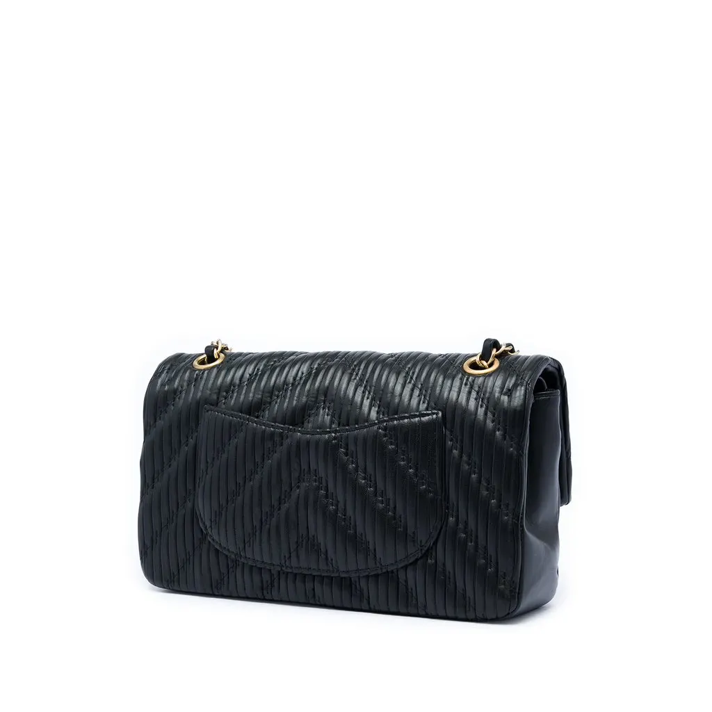 Chanel Medium Classic Chevron Calfskin Pleated Double Flap Black Leather Very good - Back View