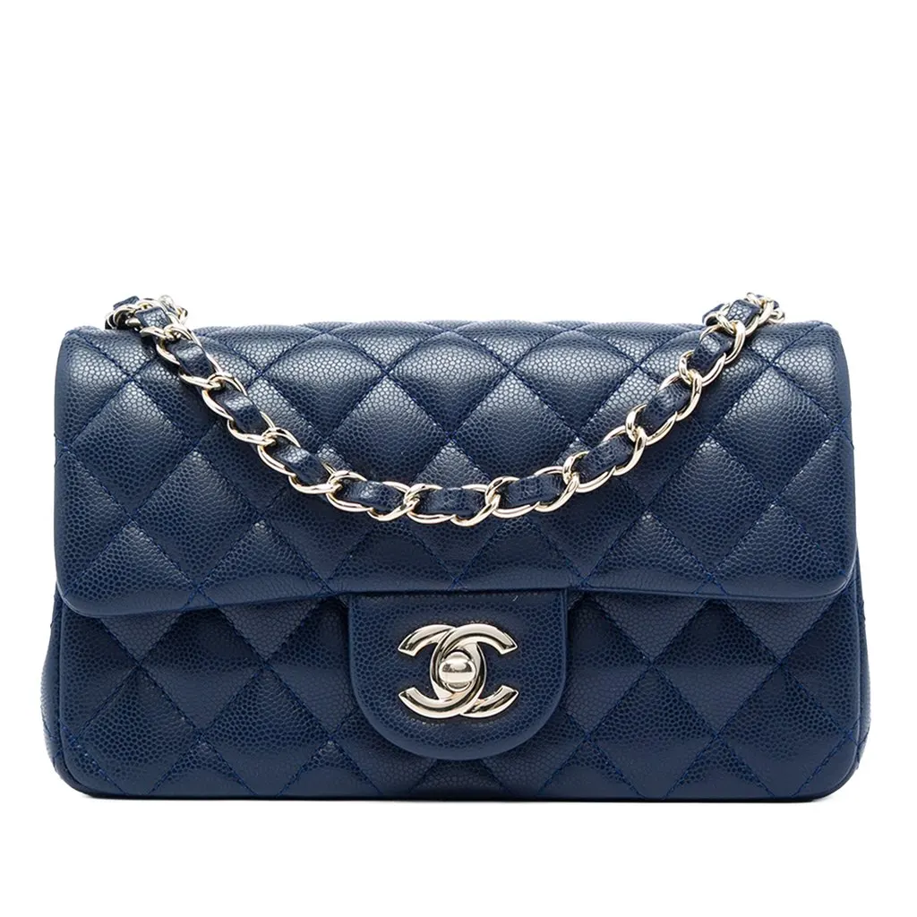 Chanel Mini Rectangular Classic Caviar Single Flap Blue Leather Very good - Front View