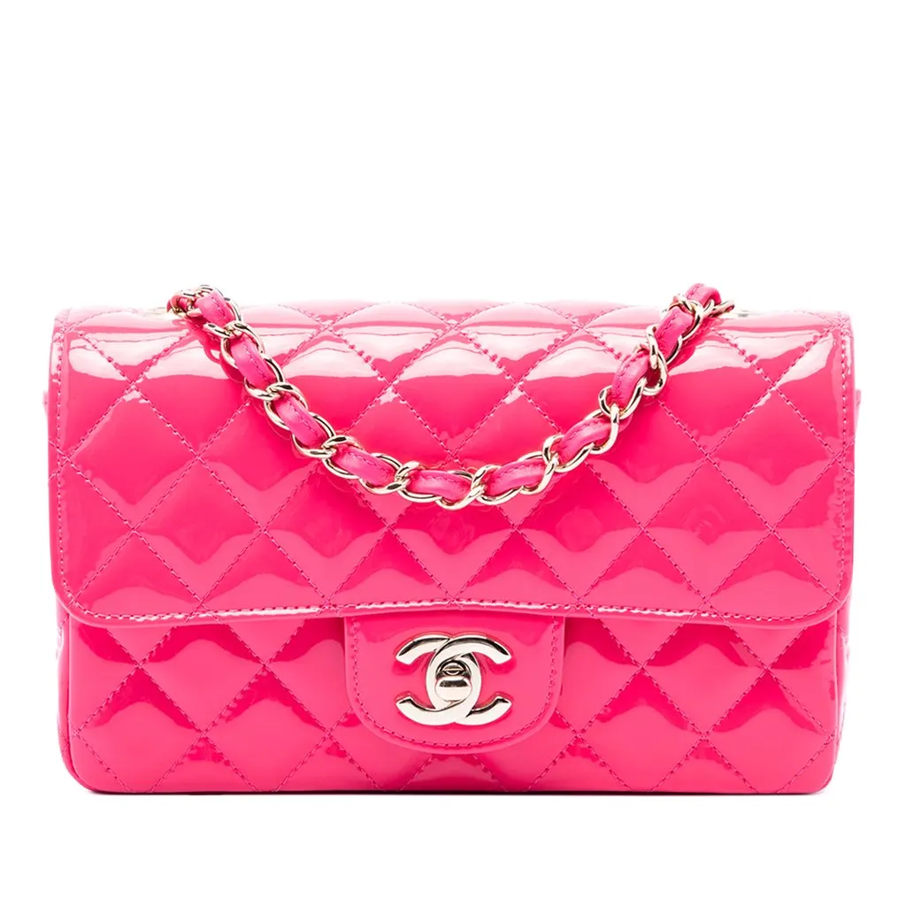 Chanel Mini Rectangular Classic Patent Single Flap Pink Leather Good - Front View