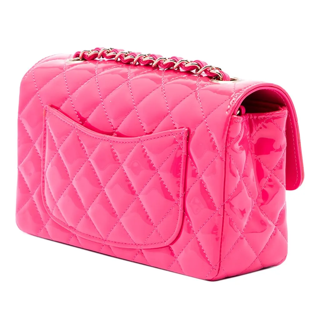 Chanel Mini Rectangular Classic Patent Single Flap Pink Leather Good - Back View