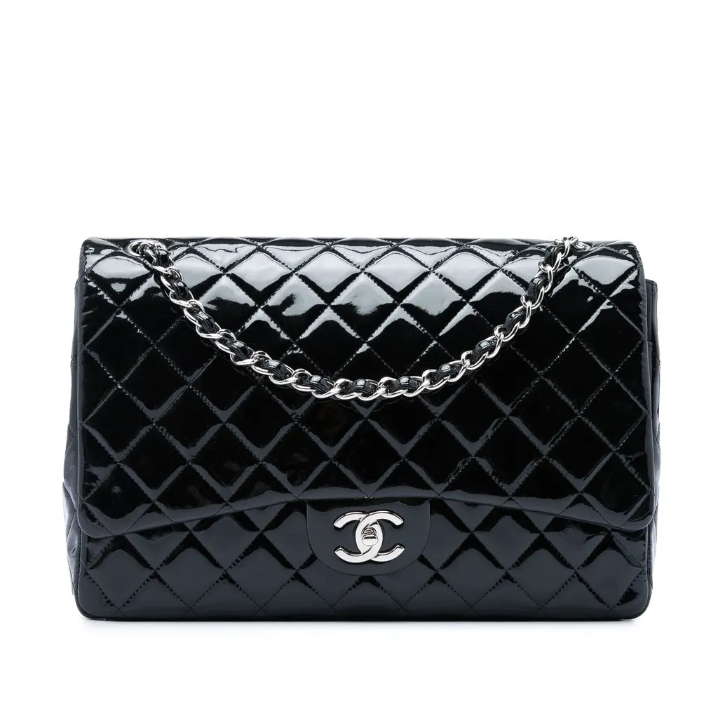 Chanel Maxi Classic Patent Double Flap Black Leather Very good - Front View