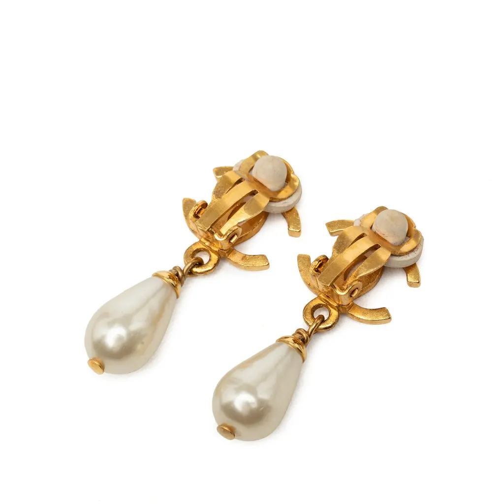 Chanel CC Gold Plated Faux Pearl Drop Clip on Earrings Gold Metal Very good - Back View