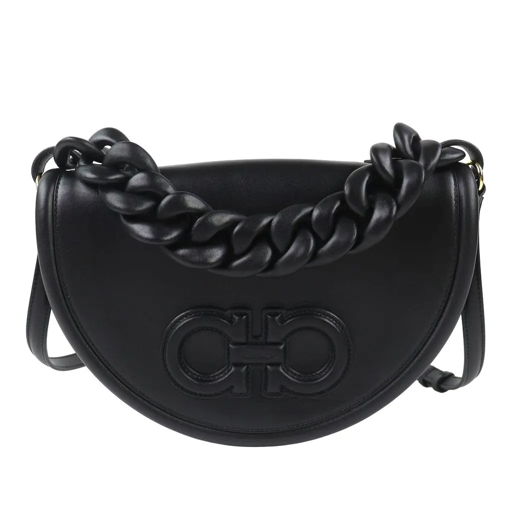 Ferragamo Calfskin Aura Crescent Satchel Black Leather Very good - Front View