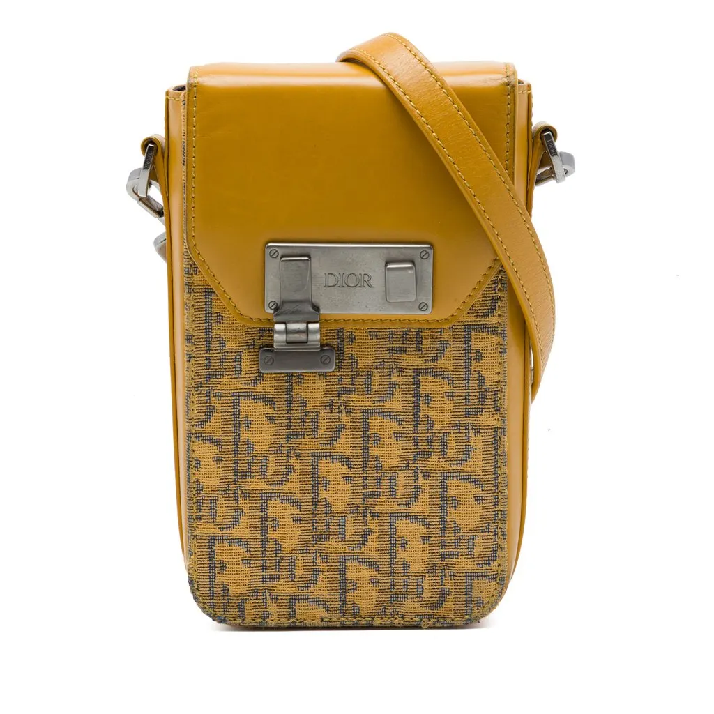 Dior Oblique Jacquard Lock Phone Holder Crossbody Yellow Jacquard Very good - Front View