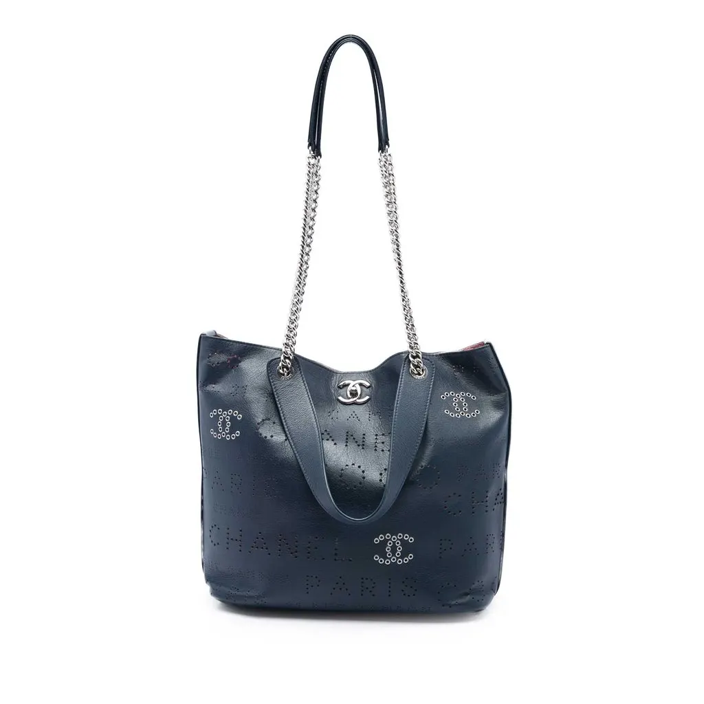 Chanel Calfskin Coco Eyelets Shopping Tote Blue Leather Very good - Front View
