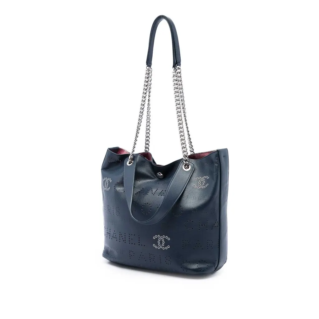 Chanel Calfskin Coco Eyelets Shopping Tote Blue Leather Very good - Back View
