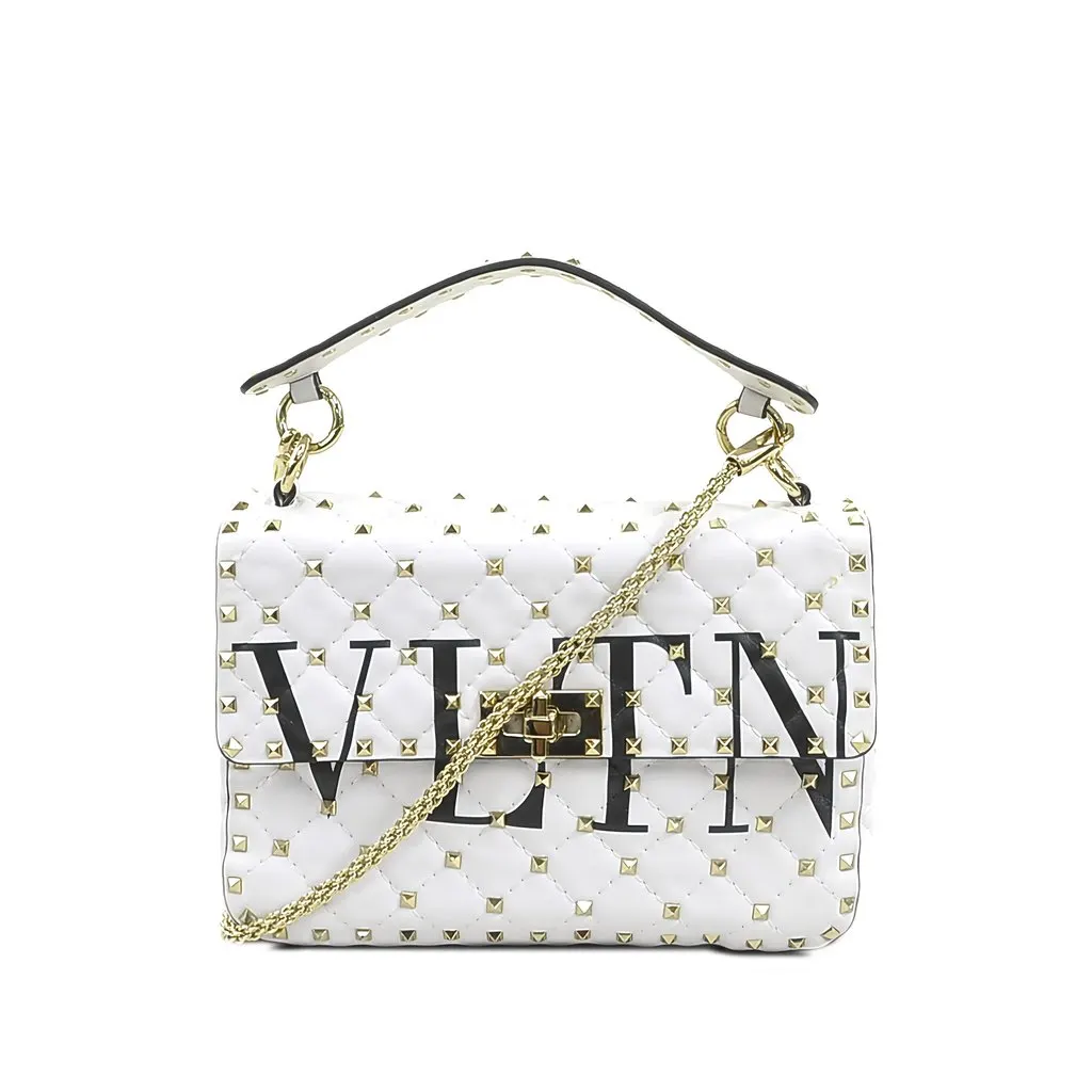 Valentino Medium Lambskin VLTN Rockstud Spike Satchel White Leather Very good - Front View