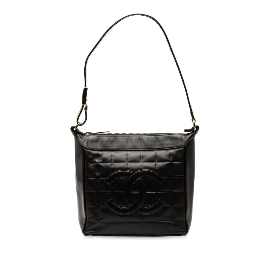 Chanel CC Chocolate Bar Lambskin Shoulder Bag Black Leather Very good - Front View