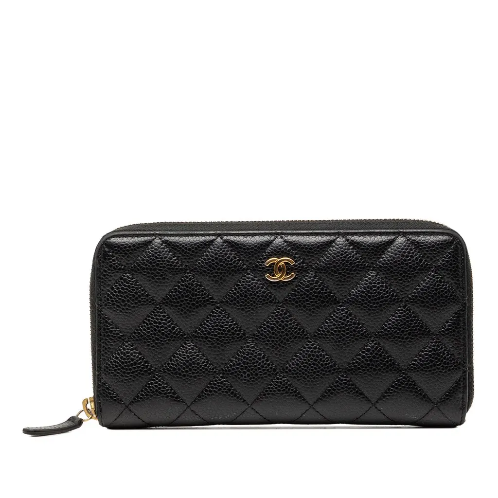 Chanel CC Quilted Caviar Zip Around Long Wallet Black Leather Very good - Front View