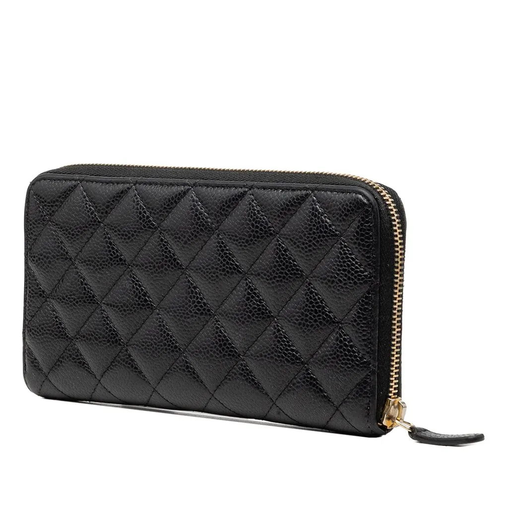 Chanel CC Quilted Caviar Zip Around Long Wallet Black Leather Very good - Back View