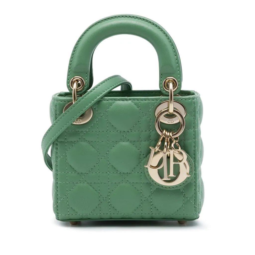 Dior Micro Lambskin Cannage Lady Dior Green Leather Very good - Front View
