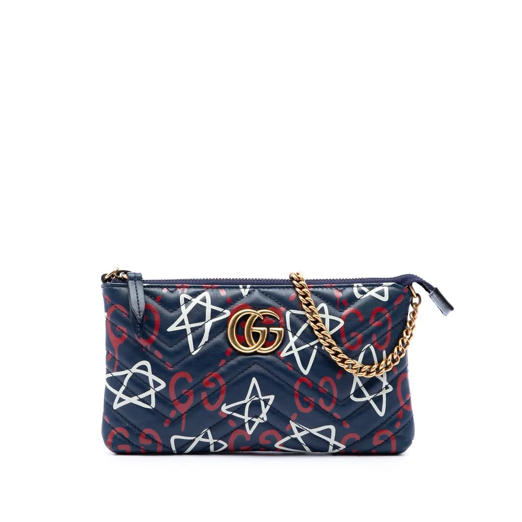 Gucci Mini GG Marmont Matelasse Calfskin Gucci Ghost Wallet On Chain Blue Leather Very good - Front View