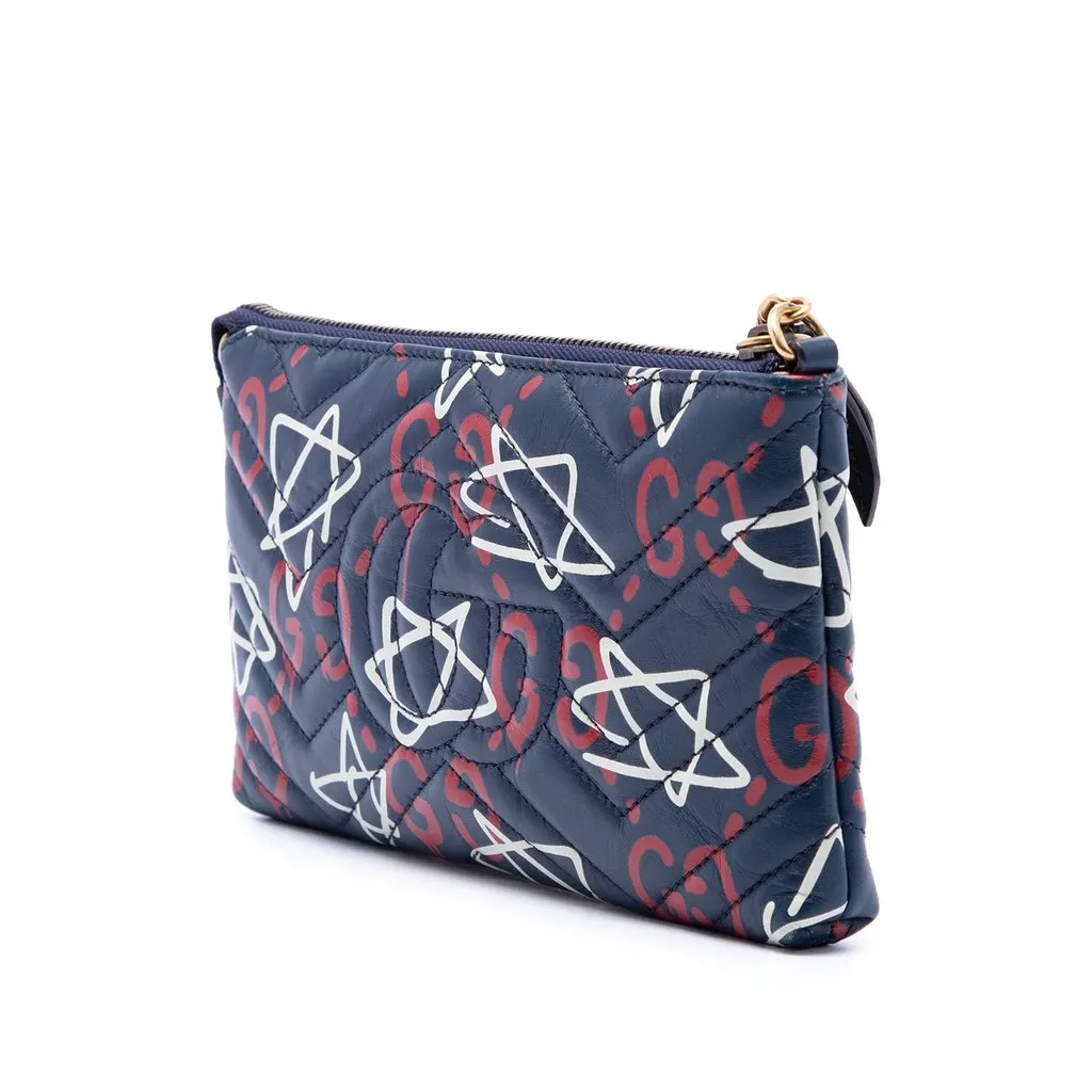 Gucci Mini GG Marmont Matelasse Calfskin Gucci Ghost Wallet On Chain Blue Leather Very good - Back View