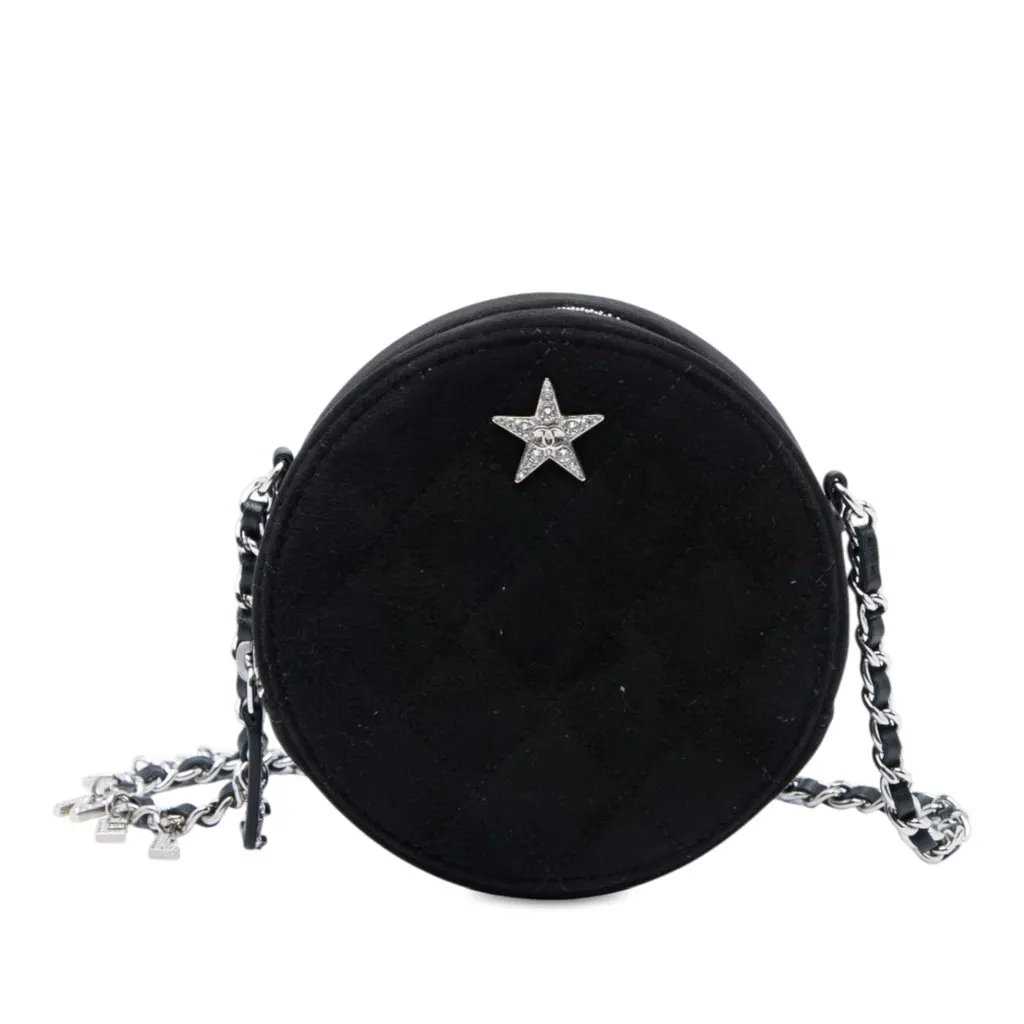 Chanel Quilted Suede Cocostellar Round Clutch with Chain Black Leather Very good - Front View