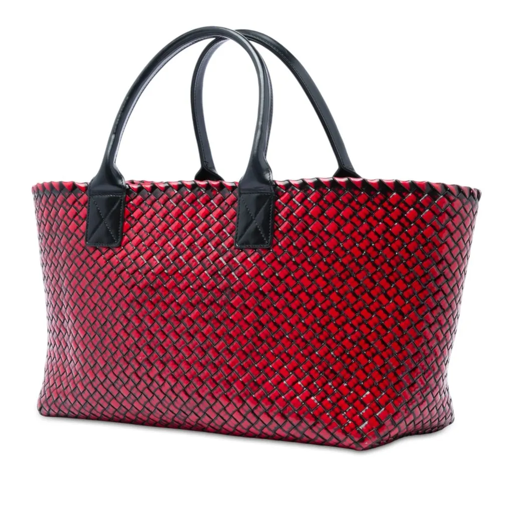 Bottega Veneta Limited Edition Medium Brushed Calfskin Intreccio Cabat Tote Red Leather Very good - Back View