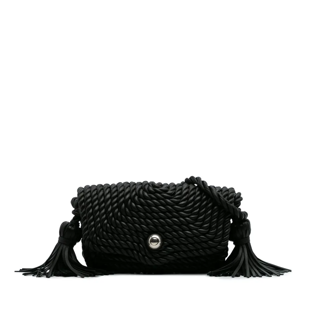 Bottega Veneta Lambskin Torchon Classic Tasseled Twisted Crossbody Black Leather Very good - Front View