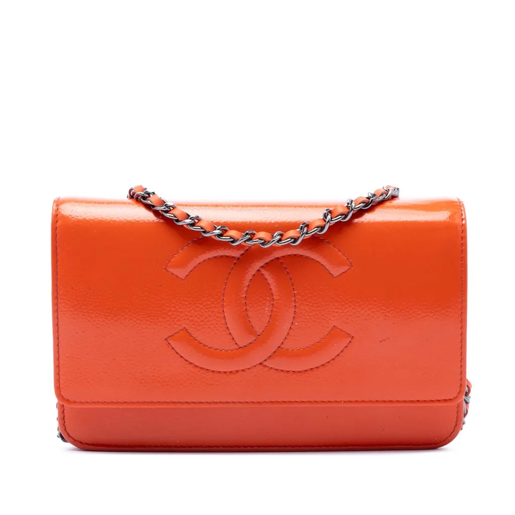 Chanel CC Patent Caviar Wallet On Chain Orange Leather Very good - Front View
