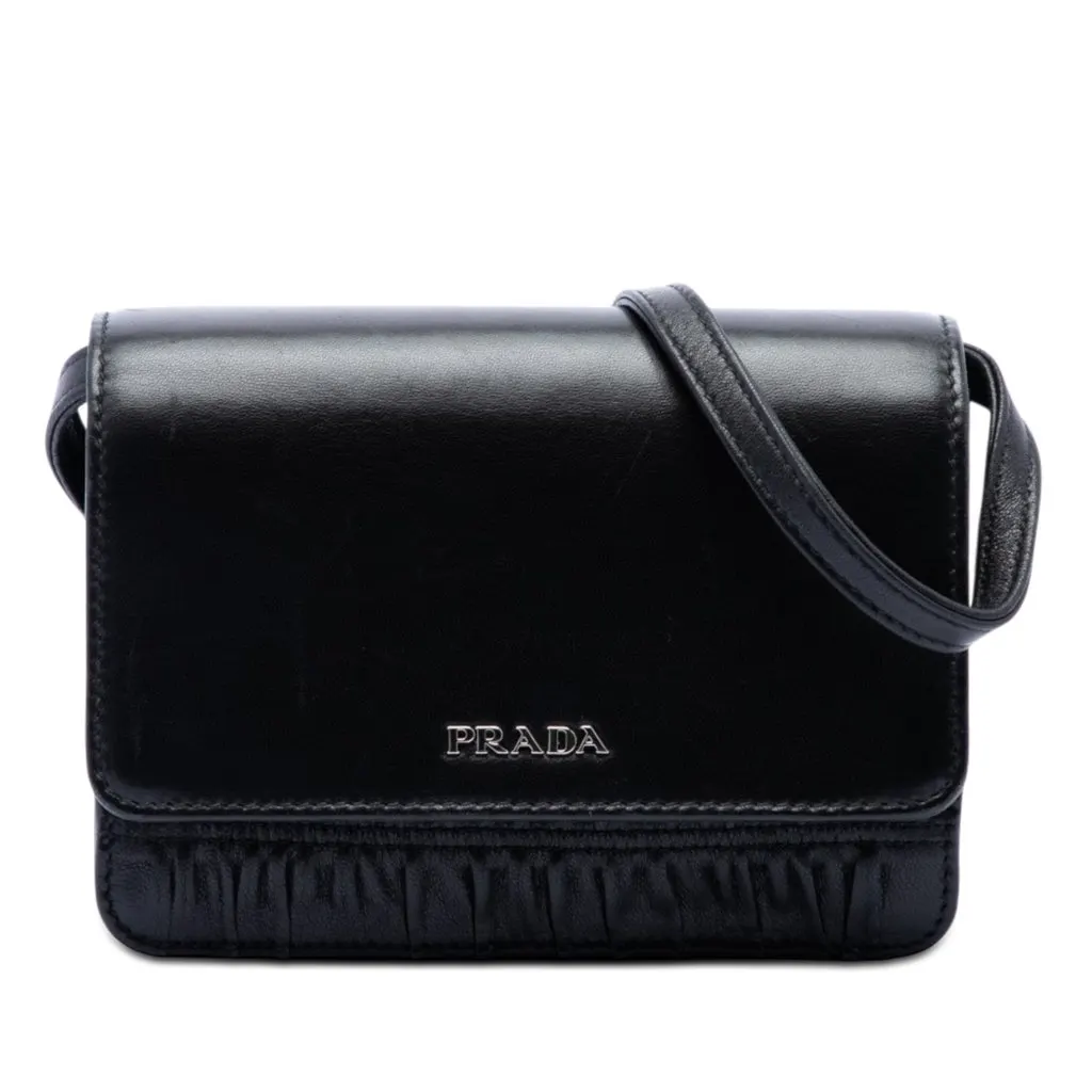 Prada Nappa Gaufre and Brushed Leather Crossbody Black Leather Very good - Front View