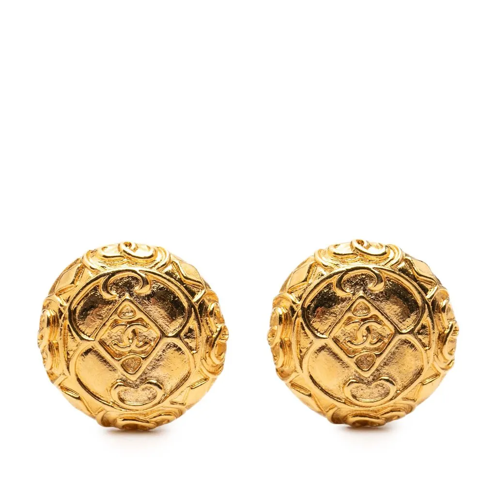Chanel CC Gold Plated Round Clip On Earrings Gold Metal Very good - Front View