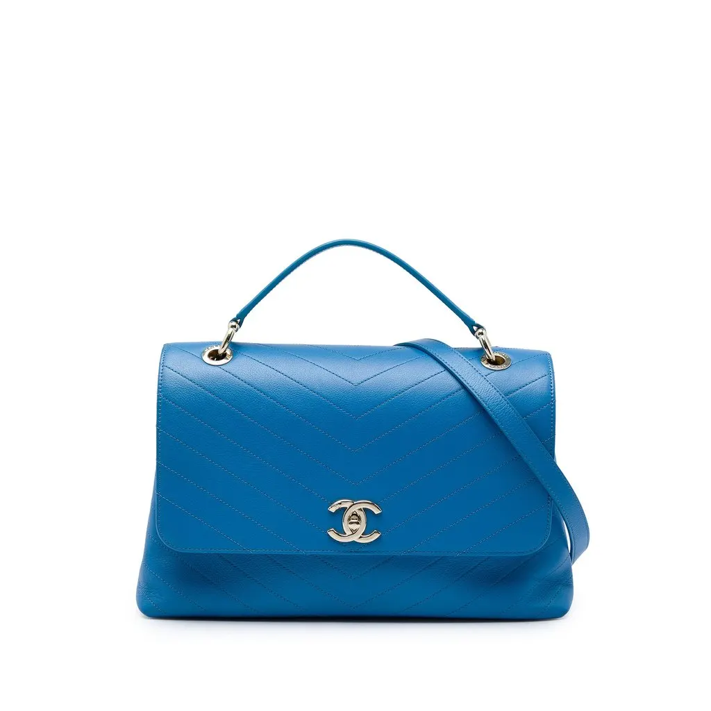 Chanel Medium Grained Calfskin Chevron Chic Top Handle Flap Blue Leather Very good - Front View