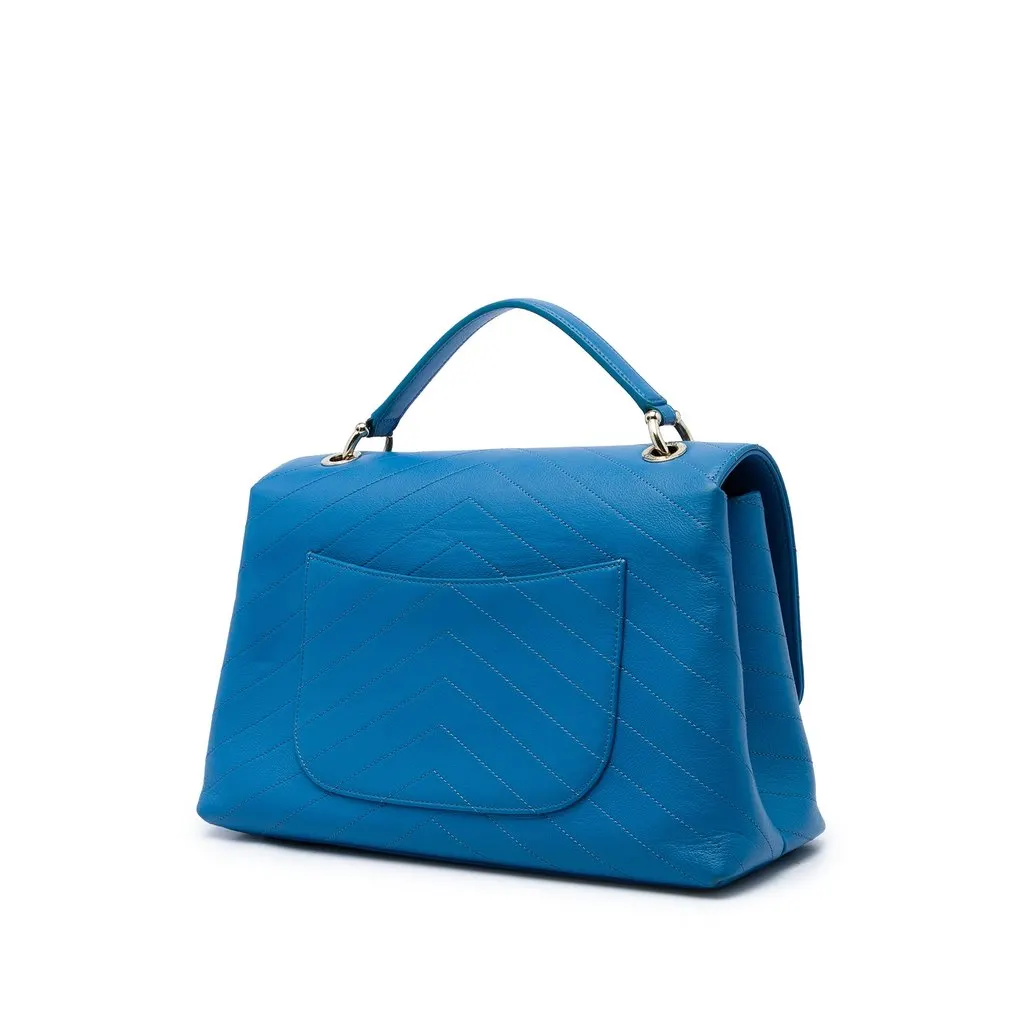 Chanel Medium Grained Calfskin Chevron Chic Top Handle Flap Blue Leather Very good - Back View