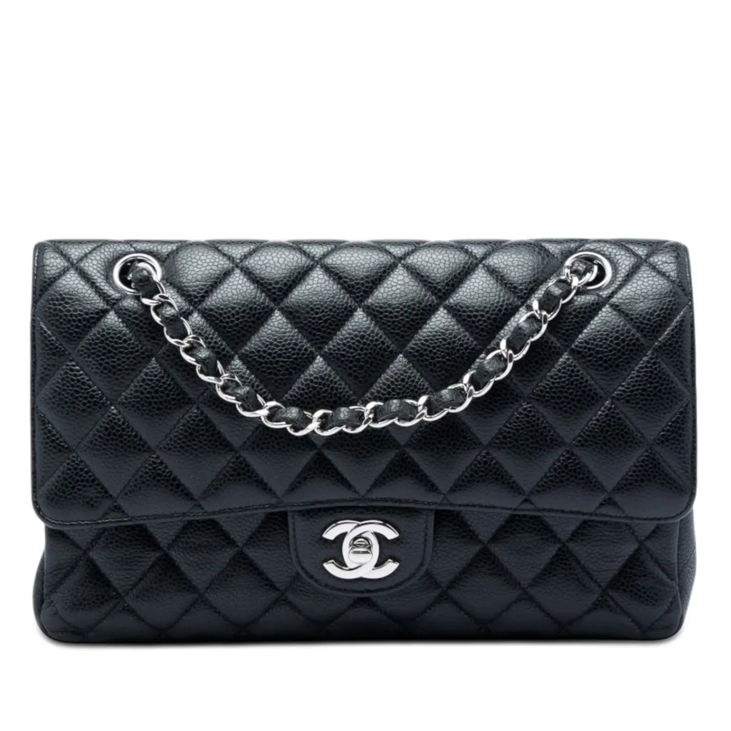 Chanel Medium Classic Caviar Double Flap Black Leather Very good - Front View