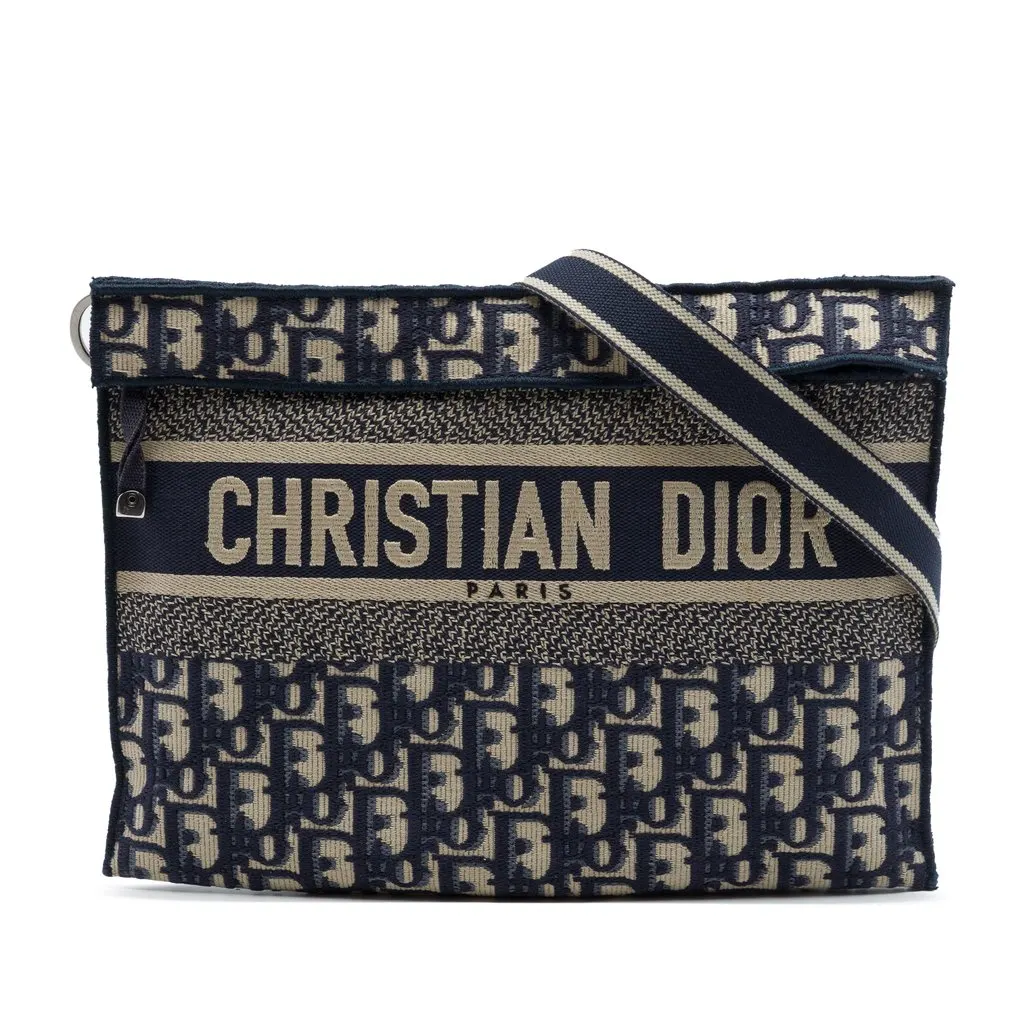 Dior Oblique Canvas Flat Crossbody Blue Canvas Good - Front View