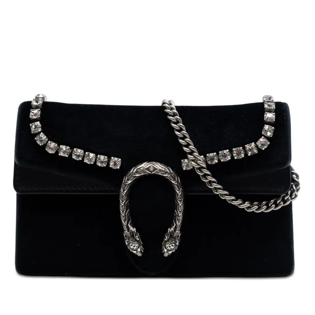 Gucci Mini Crystal Embellished Velvet Dionysus Crossbody Black Very good - Front View