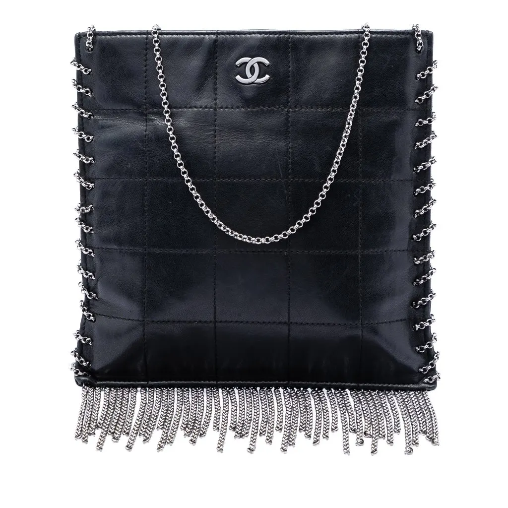 Chanel CC Choco Bar Lambskin Chain Fringe Crossbody Black Leather Very good - Front View