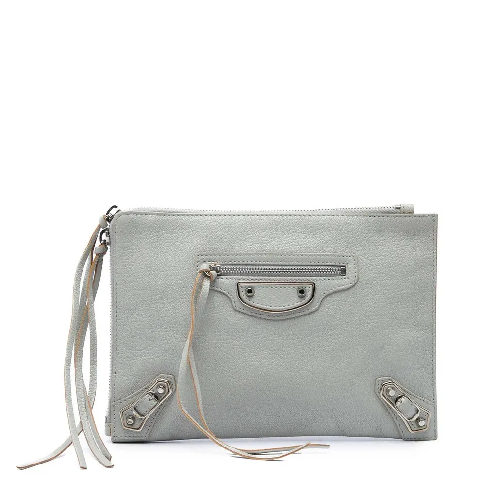 Balenciaga Goatskin Motocross Classic Metallic Edge Clutch Grey Leather Very good - Front View