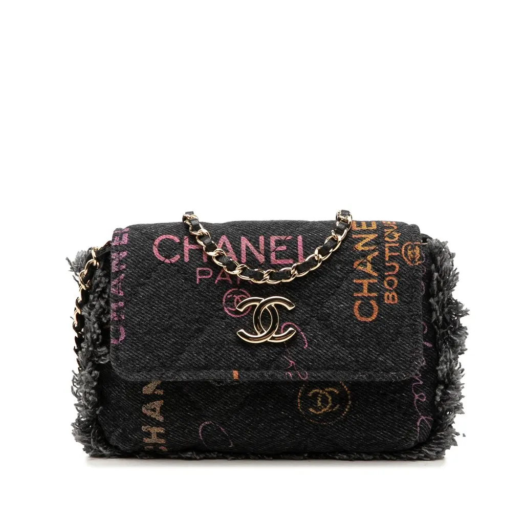 Chanel Fringe Denim Mood Clutch with Chain Black Denim Good - Front View