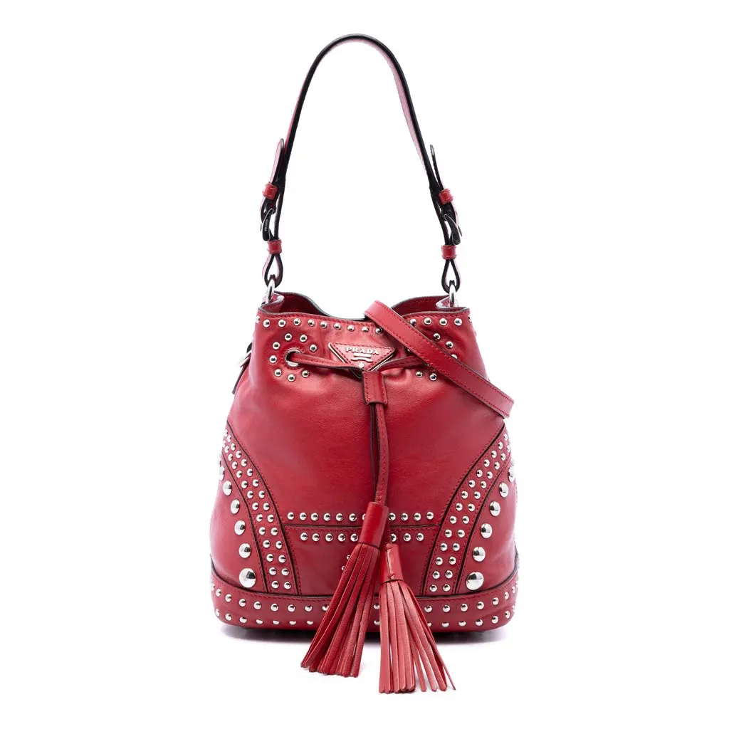 Prada Small Soft Calf Studded Bucket Bag Red Leather Good - Front View