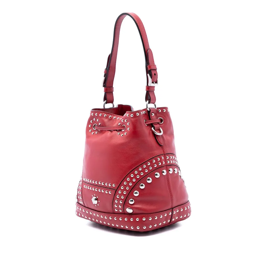 Prada Small Soft Calf Studded Bucket Bag Red Leather Good - Back View
