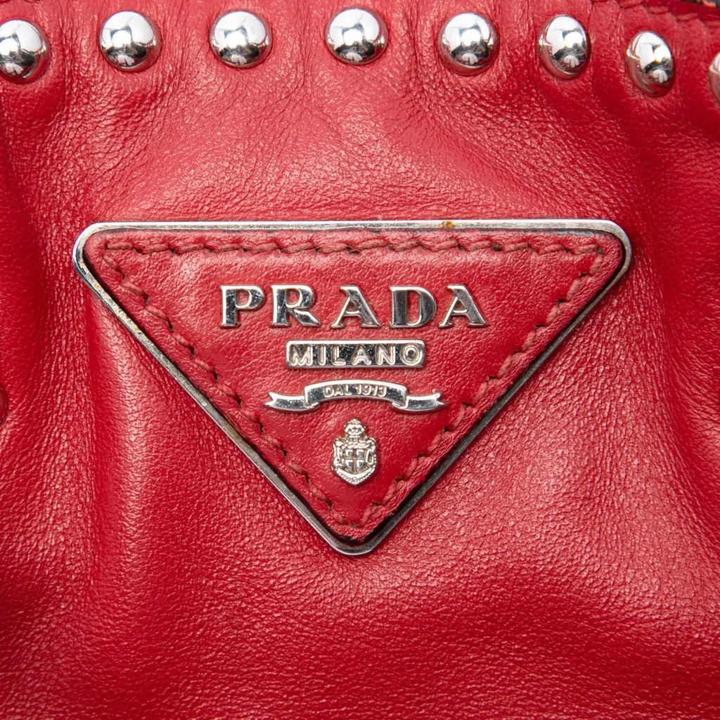 Prada Small Soft Calf Studded Bucket Bag Red Leather Good - Box View