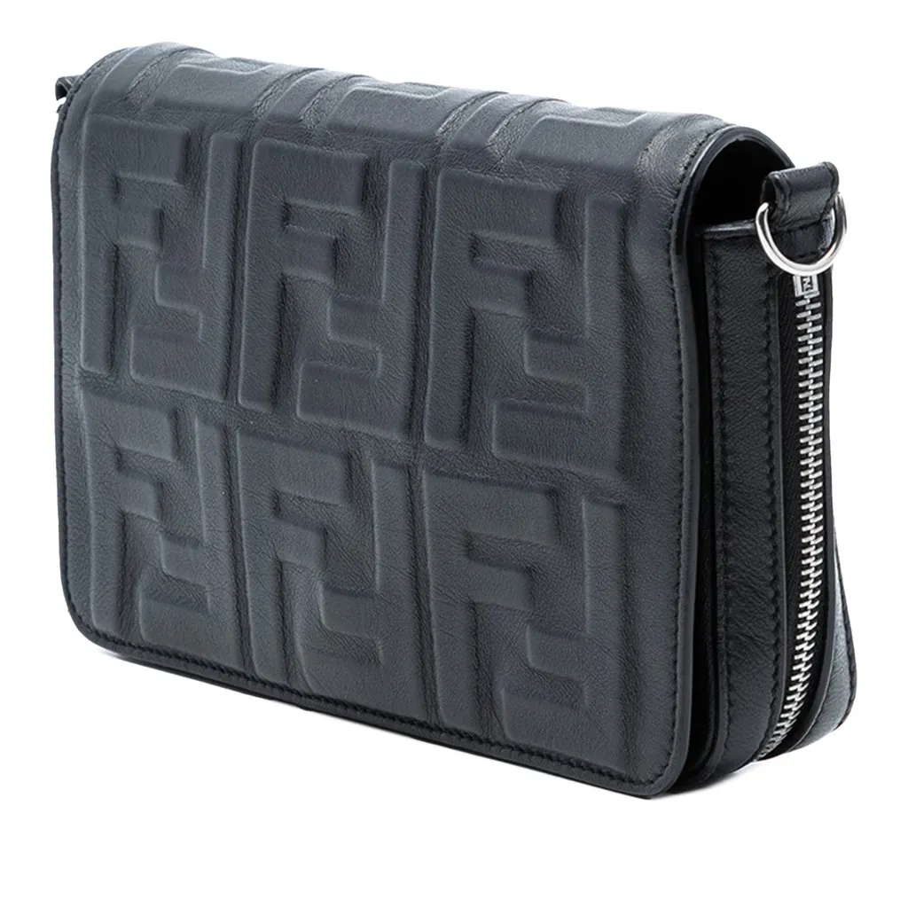 Fendi Mini Zucca Embossed Nappa Expandable Flap Crossbody Black Leather Very good - Back View