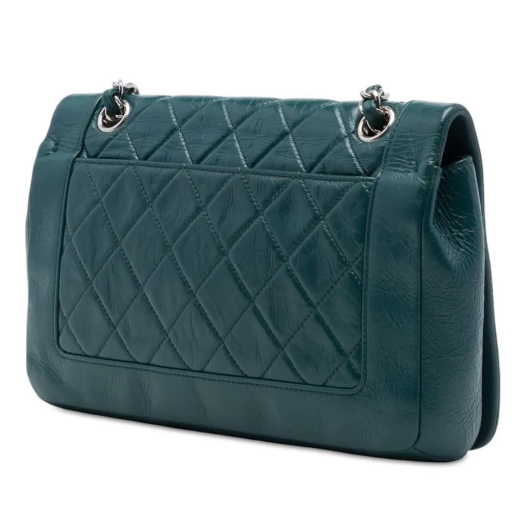 Chanel Medium Quilted Crumpled Calfskin Bi Vintage Full Flap Green Leather Very good - Back View