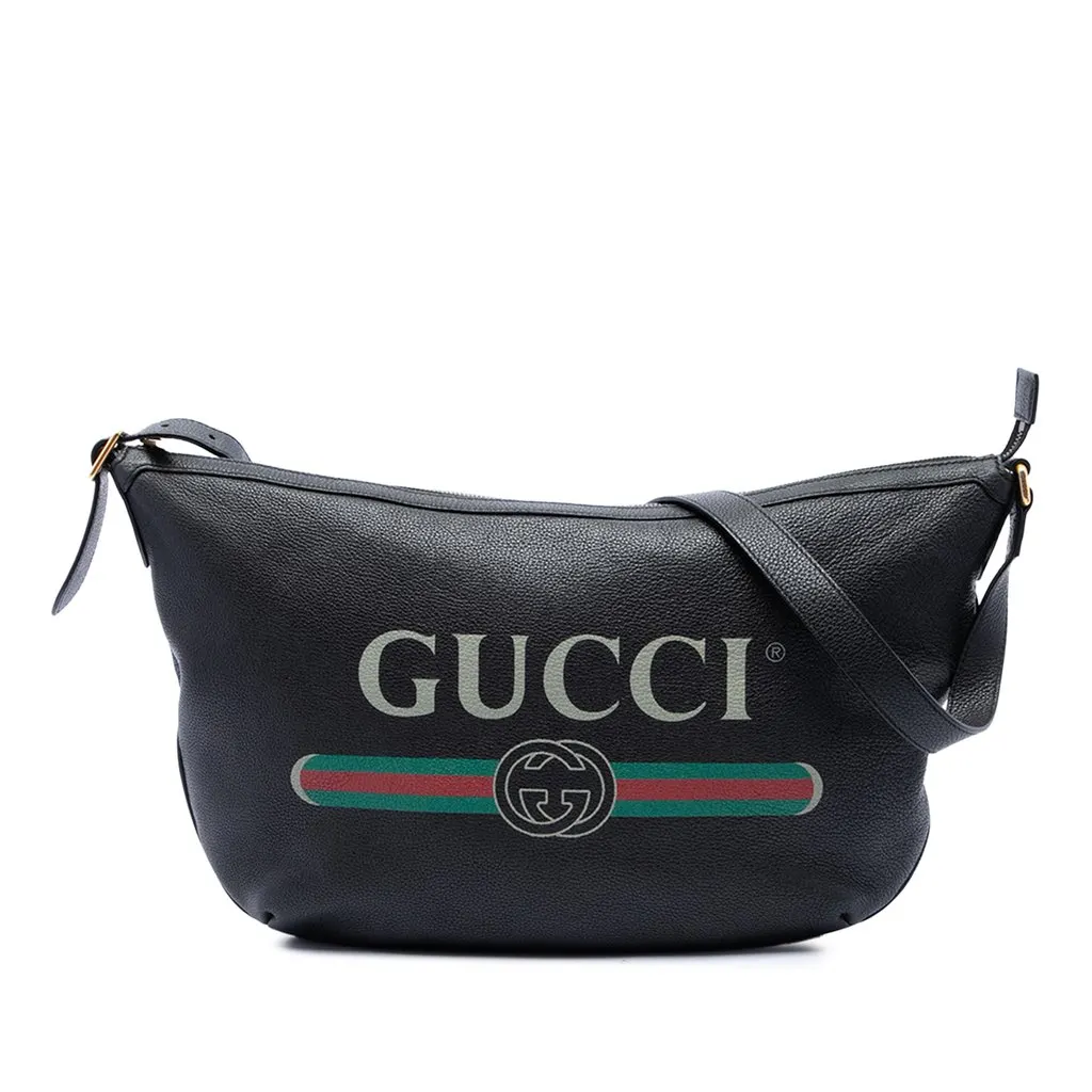 Gucci Grained Calfskin Logo Half Moon Crossbody Black Leather Good - Front View