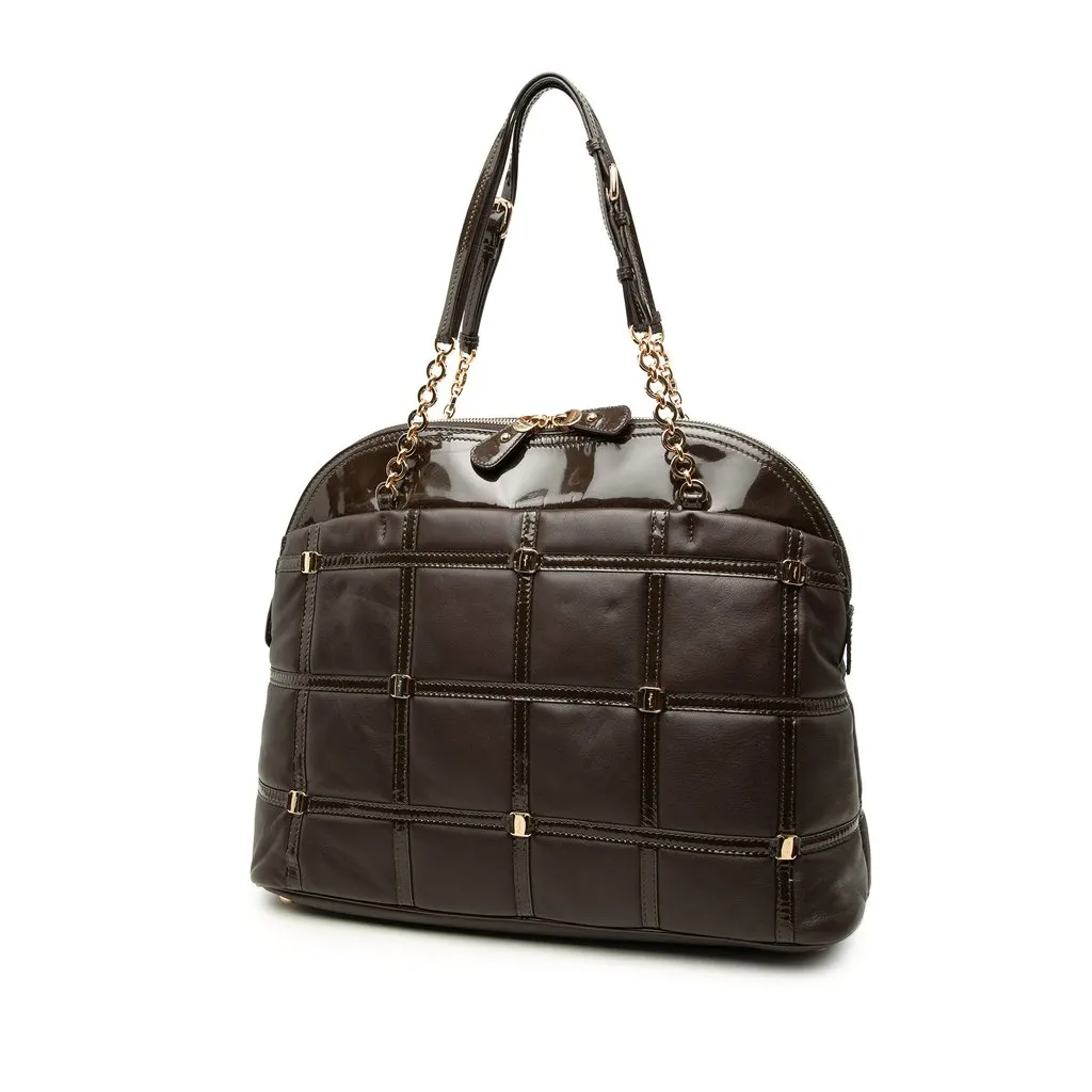 Salvatore Ferragamo Quilted Calfskin and Patent Grid Dome Tote Brown Leather Good - Back View