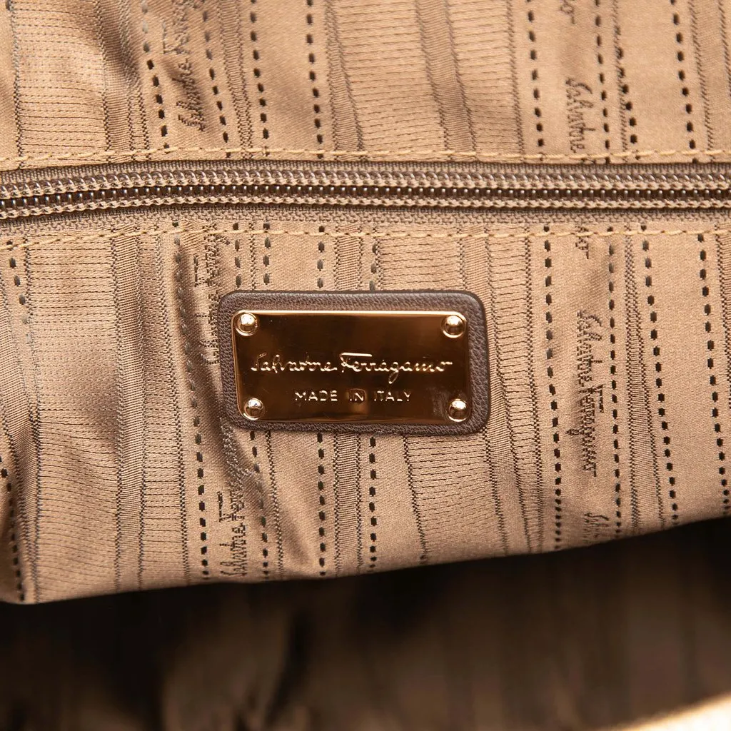 Salvatore Ferragamo Quilted Calfskin and Patent Grid Dome Tote Brown Leather Good - Box View