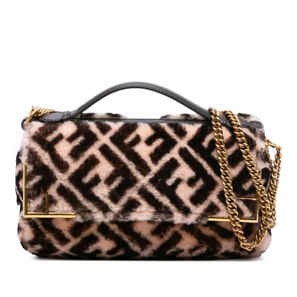 Fendi Zucca Shearling Double F Baguette Satchel Beige Very good - Front View