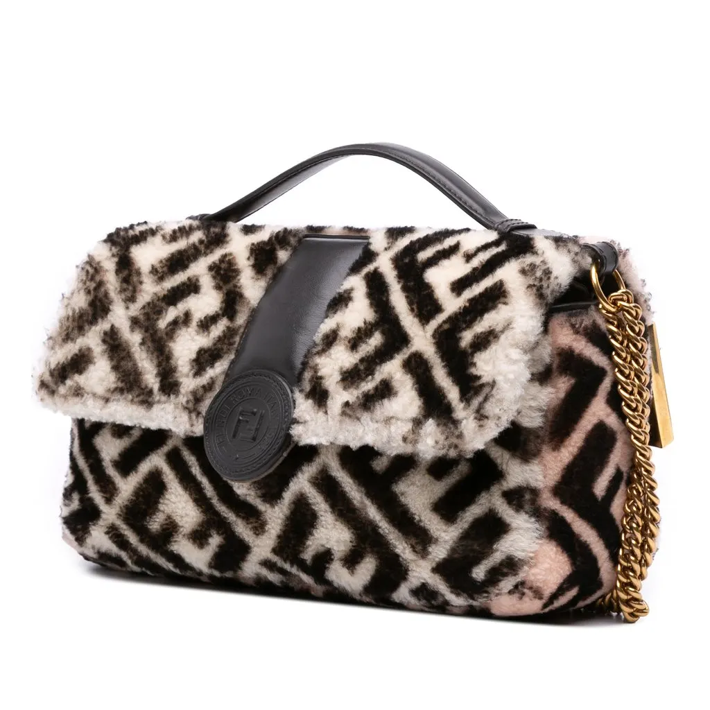 Fendi Zucca Shearling Double F Baguette Satchel Beige Very good - Back View