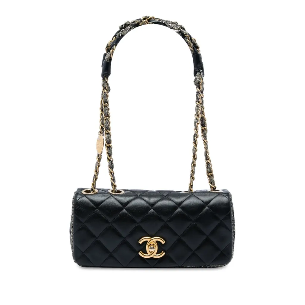 Chanel Small CC Quilted Lambskin and Tweed Chain Flap Black Leather Very good - Front View