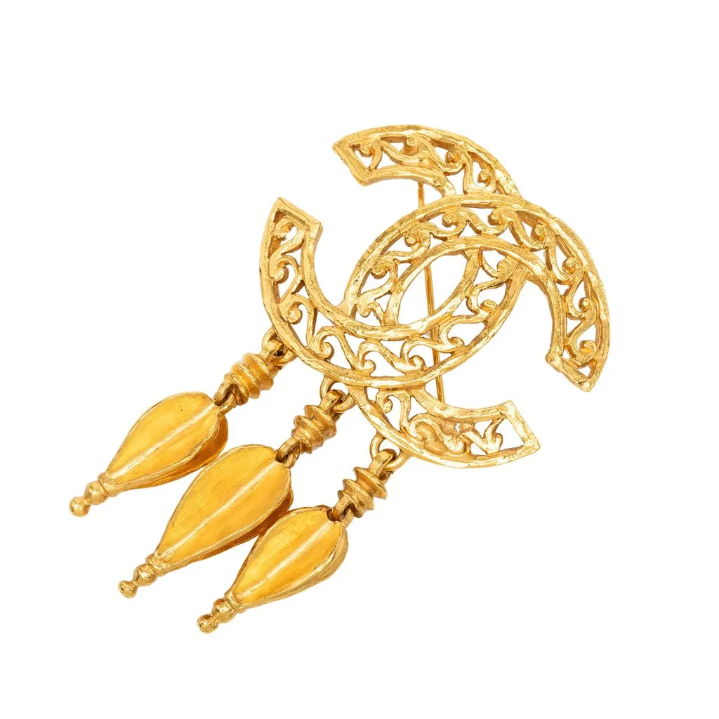 Chanel CC Gold Plated Filigree Fringe Drop Brooch Gold Metal Very good - Front View