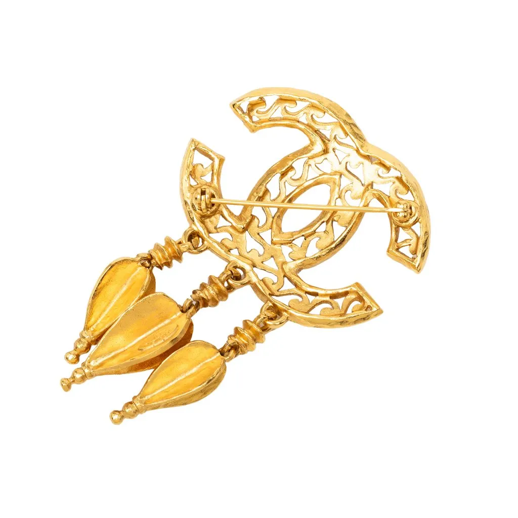 Chanel CC Gold Plated Filigree Fringe Drop Brooch Gold Metal Very good - Back View