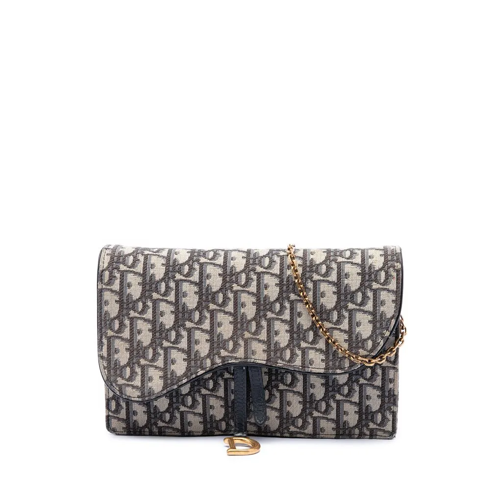 Dior Oblique Canvas Saddle Pouch Wallet on Chain Blue Very good - Front View
