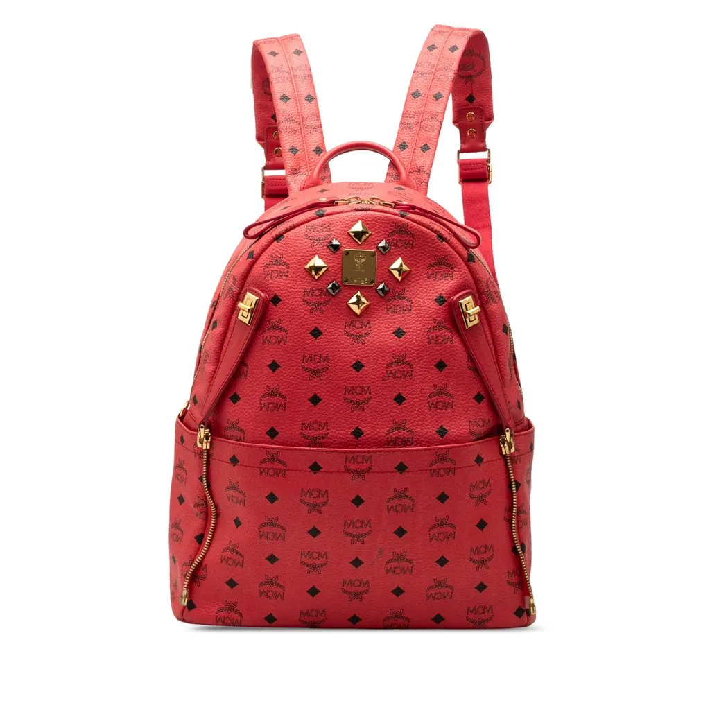 MCM Visetos Coated Canvas Dual Studded Stark Backpack Red Very good - Front View