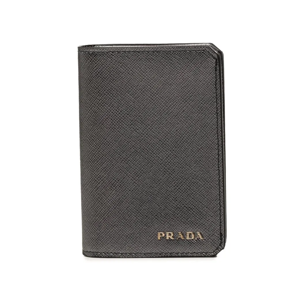 Prada Saffiano Bifold Card Holder Black Leather Good - Front View